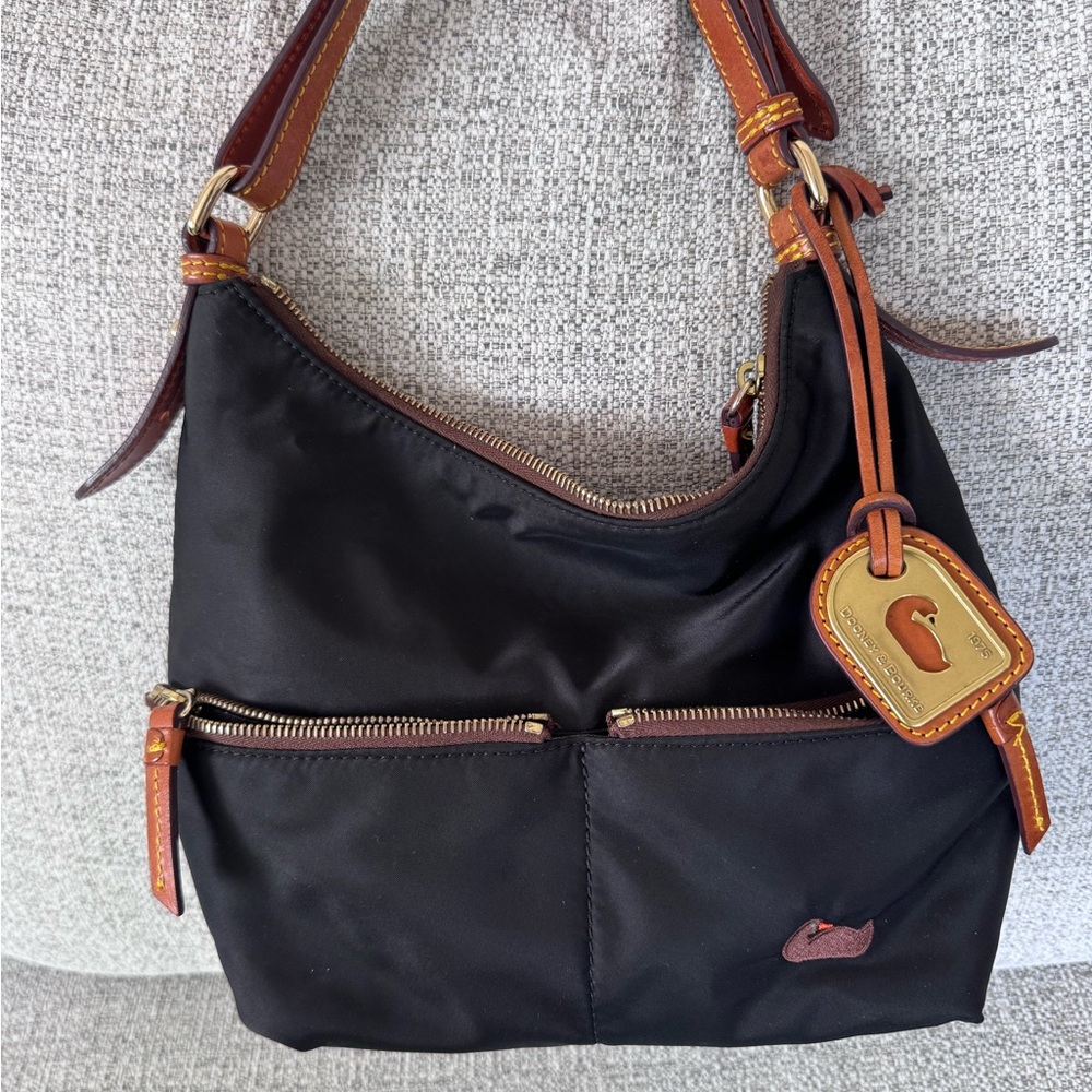 Dooney & Bourke Black Nylon Hobo with Brown Leather Trim and Gold Hardware